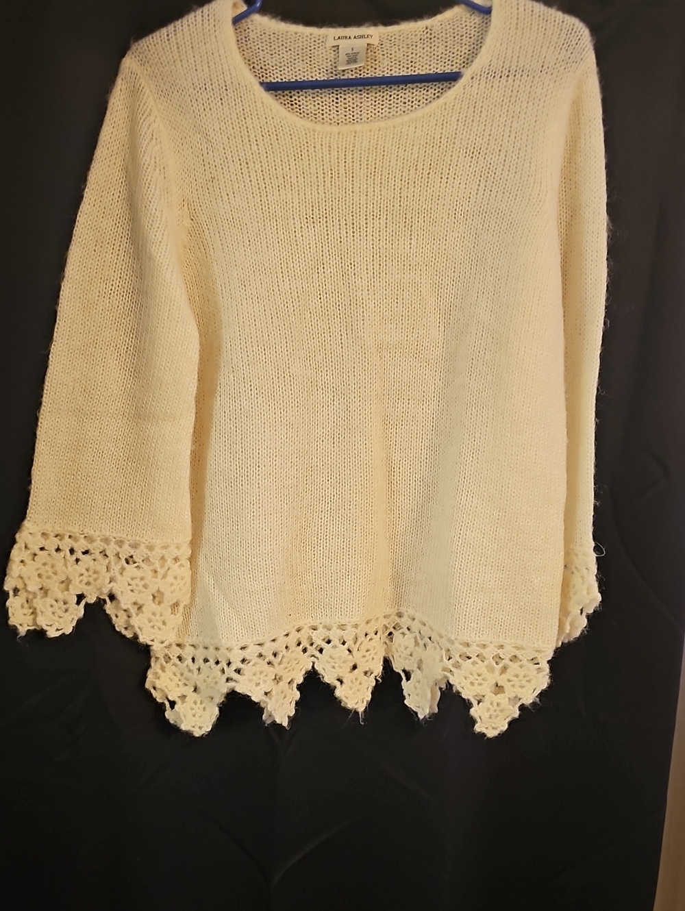 Laura Ashley Cream Crochet-Hem Scoop Neck Sweater